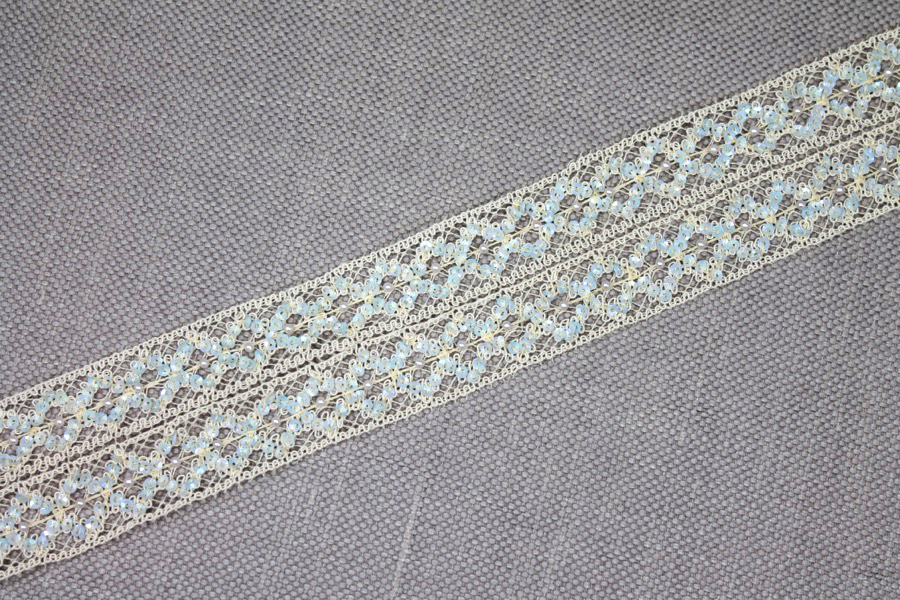 Sequinned Trellis Lace Trim - Cream and Pale Blue, image 2 of 5