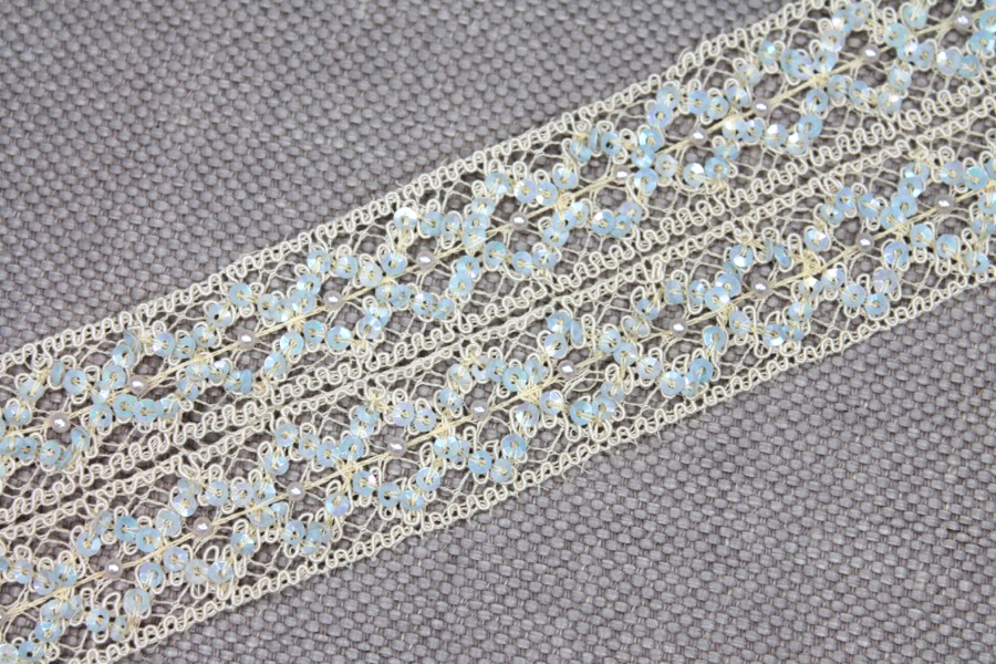 Sequinned Trellis Lace Trim - Cream and Pale Blue, image 5 of 5