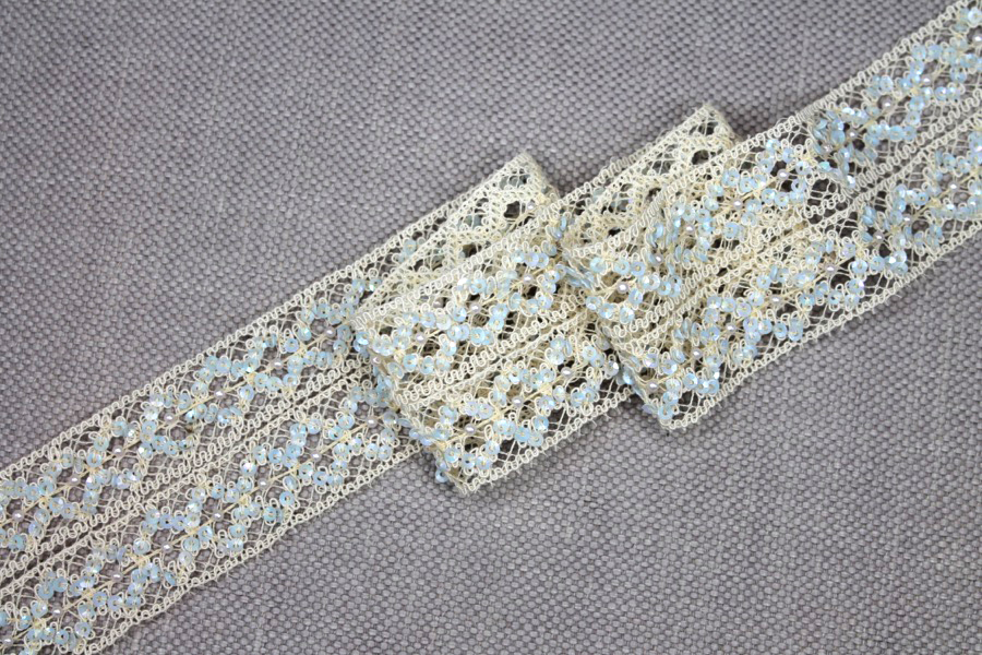 Sequinned Trellis Lace Trim - Cream and Pale Blue, image 3 of 5
