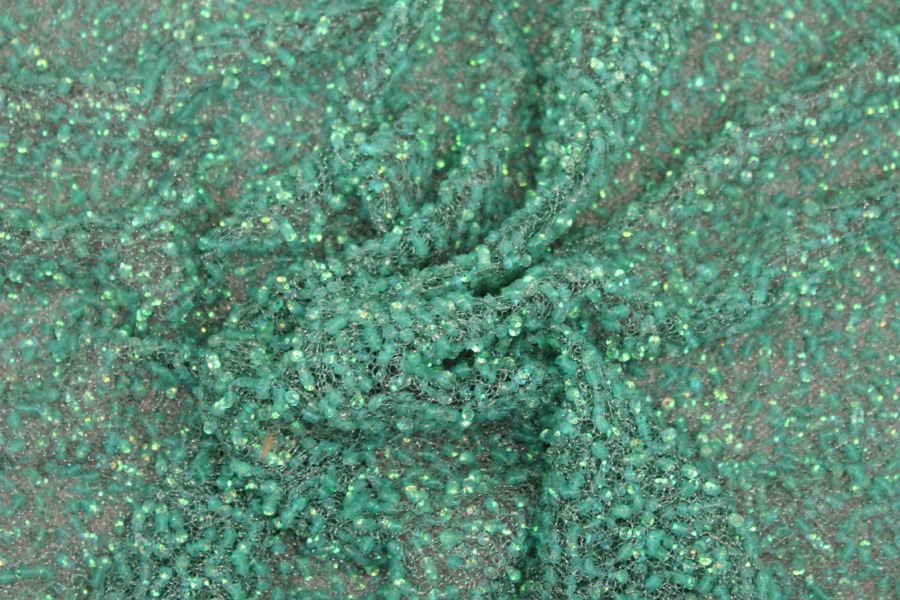 Encrusted Cupped Iridescent Micro-sequins on Mesh - Green fabric, image 4 of 7