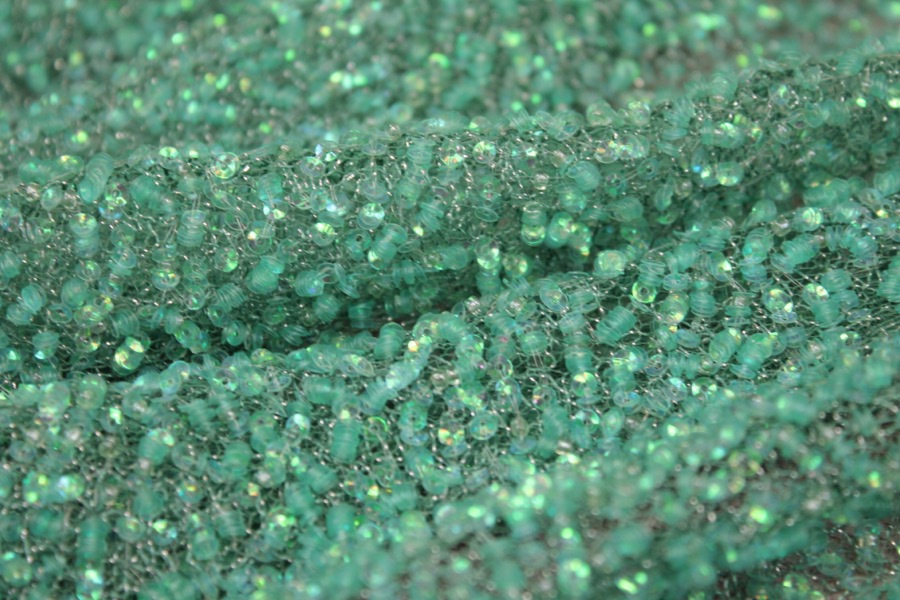 Encrusted Cupped Iridescent Micro-sequins on Mesh - Green fabric, image 5 of 7