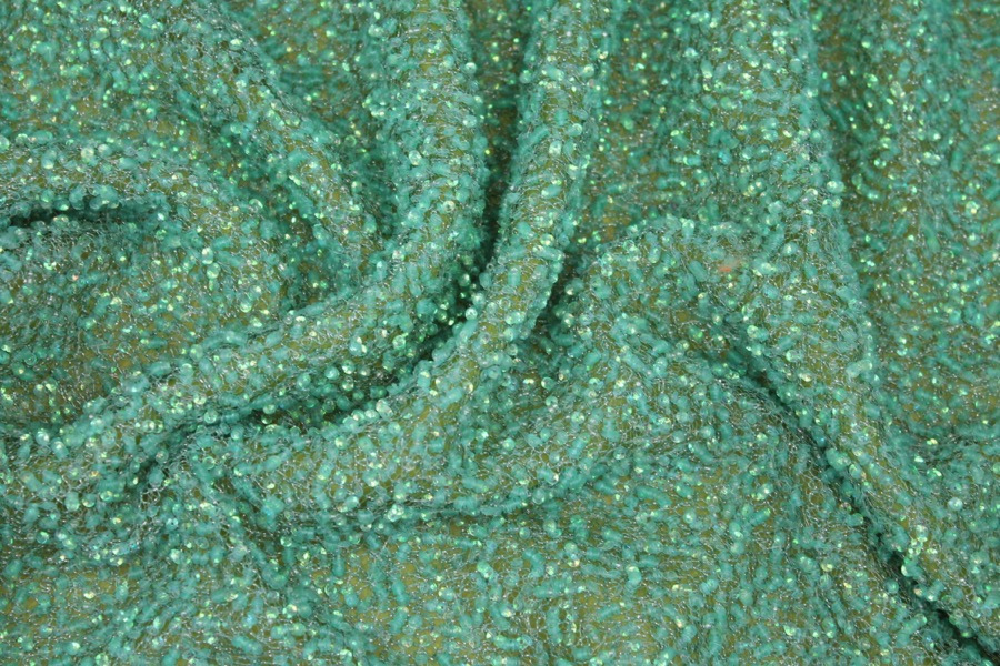 Encrusted Cupped Iridescent Micro-sequins on Mesh - Green fabric, image 6 of 7