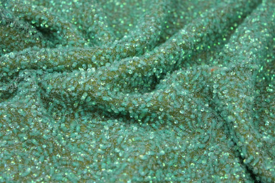 Encrusted Cupped Iridescent Micro-sequins on Mesh - Green fabric, image 7 of 7