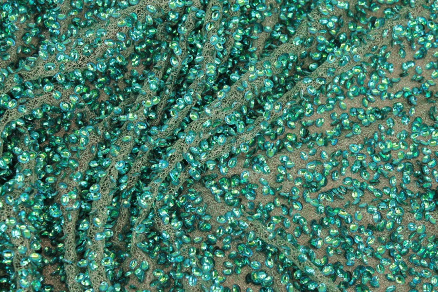 Oval Cupped Iridescent Metallic Peacock Sequins on Mesh fabric, image 4 of 7