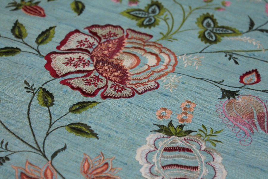 Sage Green Textured Raw Silk with Floral Embroidery fabric, image 7 of 10