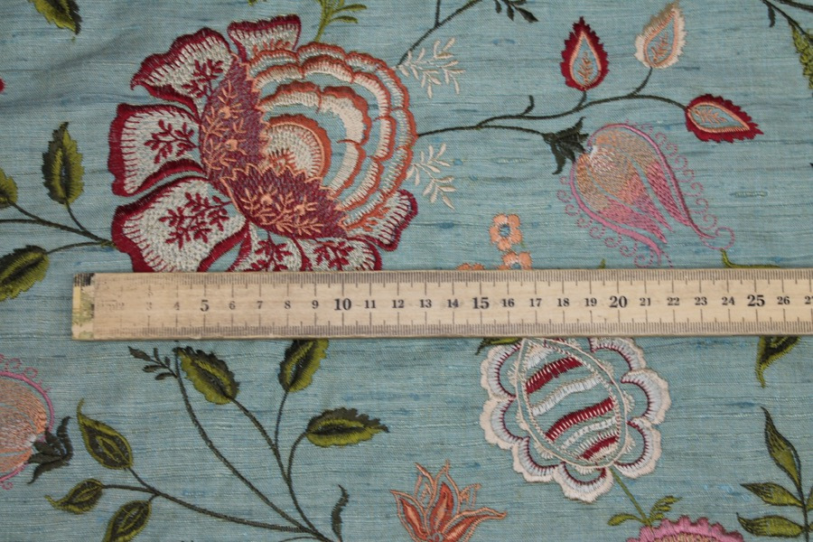 Sage Green Textured Raw Silk with Floral Embroidery fabric, image 3 of 10