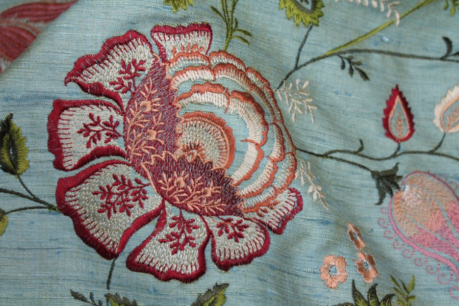 Sage Green Textured Raw Silk with Floral Embroidery fabric, image 6 of 10