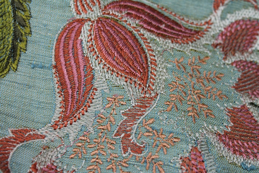 Sage Green Textured Raw Silk with Floral Embroidery fabric, image 4 of 10