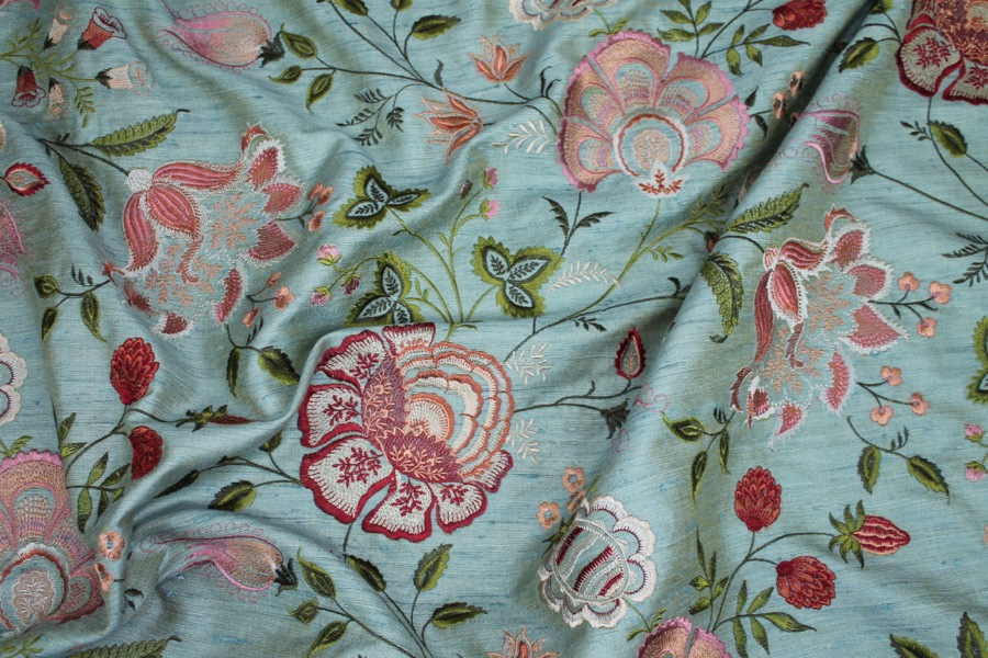 Sage Green Textured Raw Silk with Floral Embroidery fabric, image 10 of 10