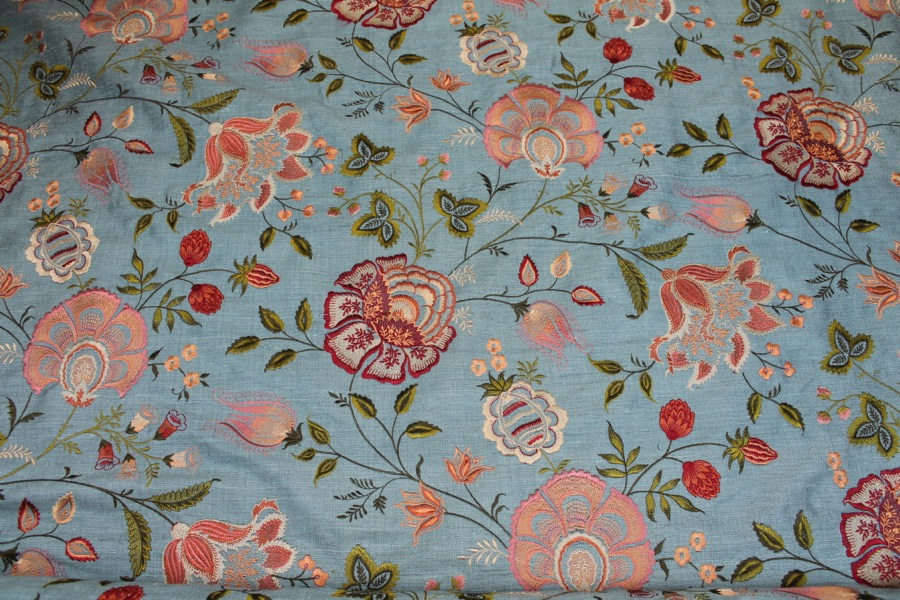 Dusty Blue Textured Raw Silk with Floral Embroidery fabric, image 8 of 8