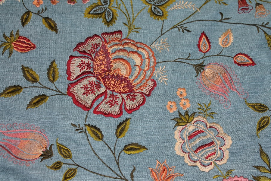 Dusty Blue Textured Raw Silk with Floral Embroidery fabric, image 4 of 8