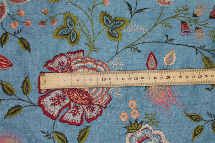 Dusty Blue Textured Raw Silk with Floral Embroidery fabric, image 6 of 8