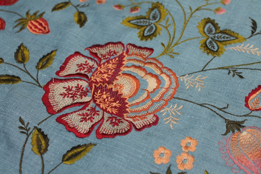 Dusty Blue Textured Raw Silk with Floral Embroidery fabric, image 7 of 8