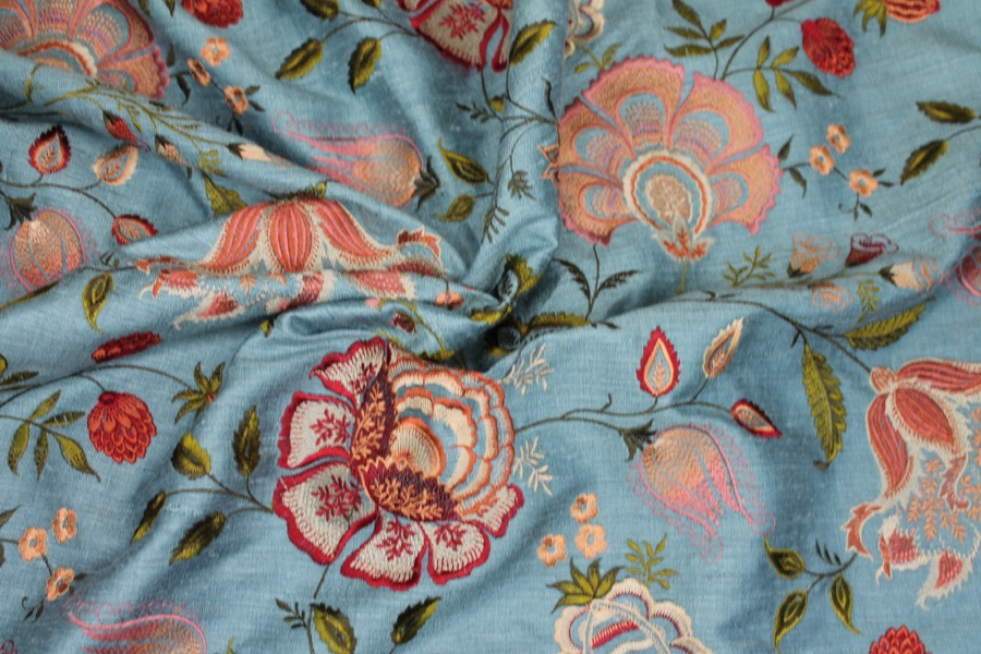 Dusty Blue Textured Raw Silk with Floral Embroidery fabric