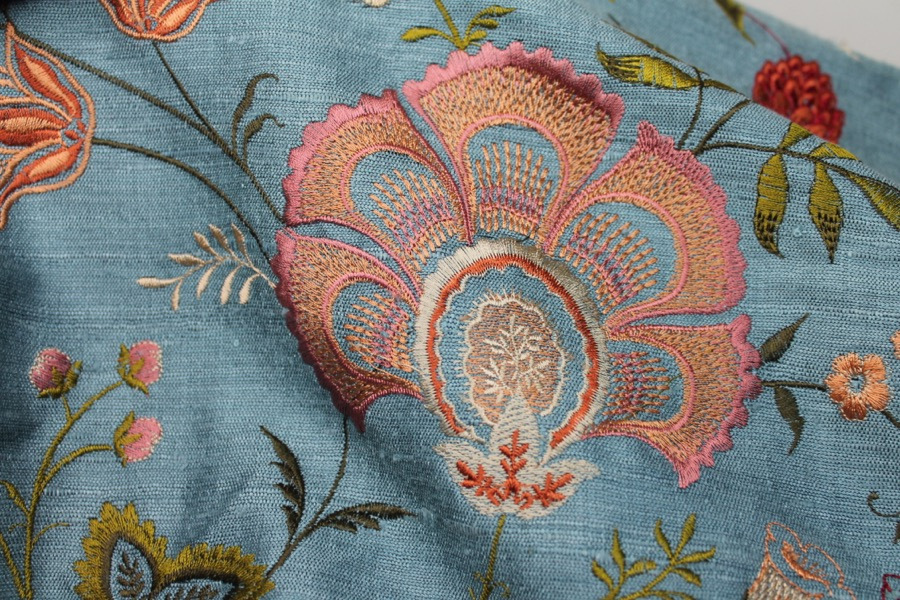 Dusty Blue Textured Raw Silk with Floral Embroidery fabric, image 3 of 8