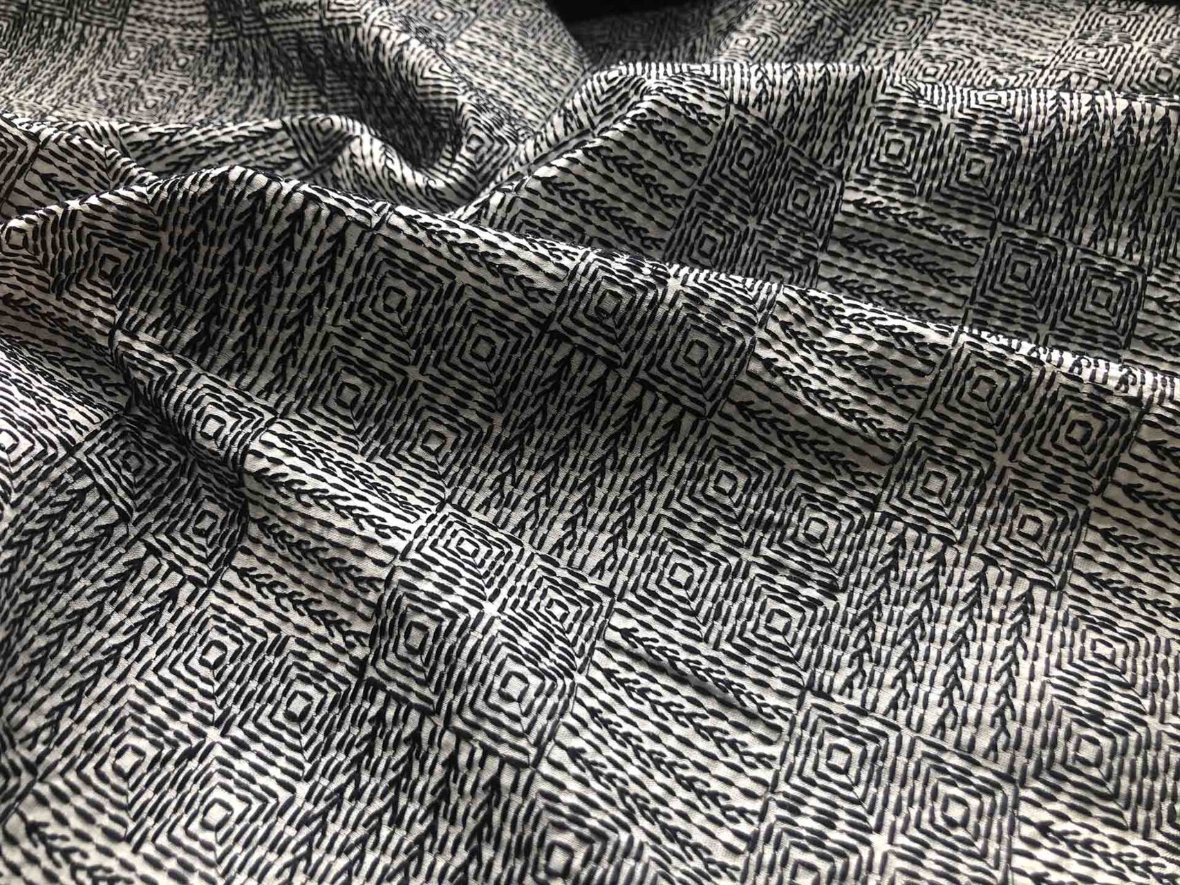 Black Geometric Embroidery on Natural Tassar fabric, image 2 of 3