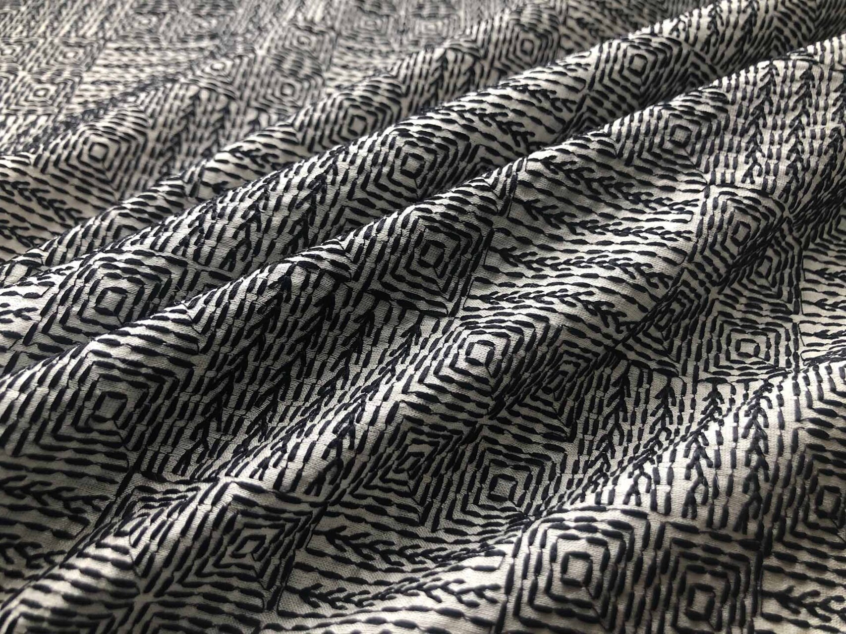 Black Geometric Embroidery on Natural Tassar fabric