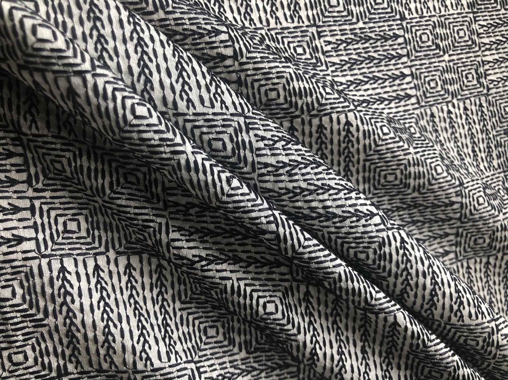 Black Geometric Embroidery on Natural Tassar fabric, image 3 of 3