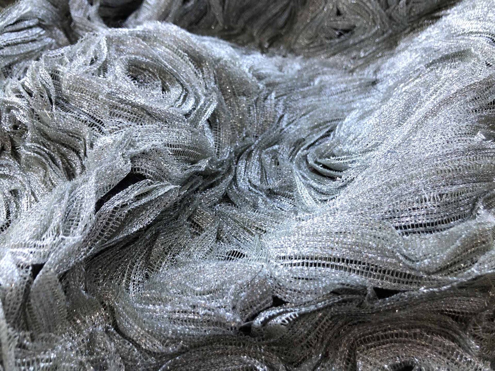 Silver Cord Rosette Applique on Black Lace fabric, image 2 of 6