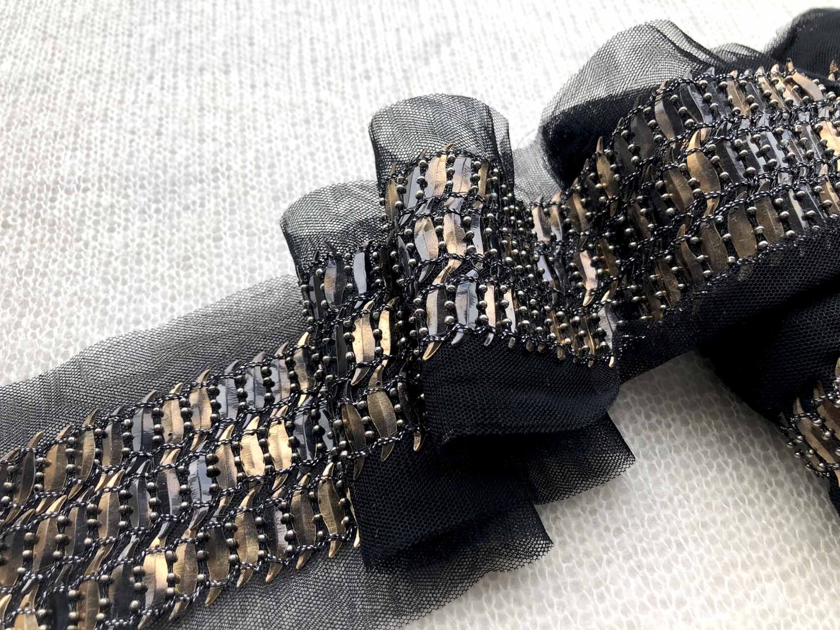 S-Shaped Sequin Trim with Beads - Triple Black and Antique Gold, image 2 of 4