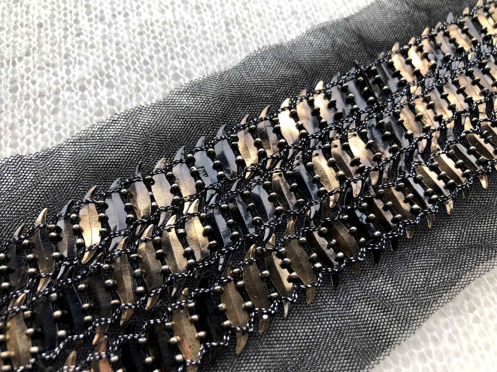 S-Shaped Sequin Trim with Beads - Triple Black and Antique Gold, image 3 of 4
