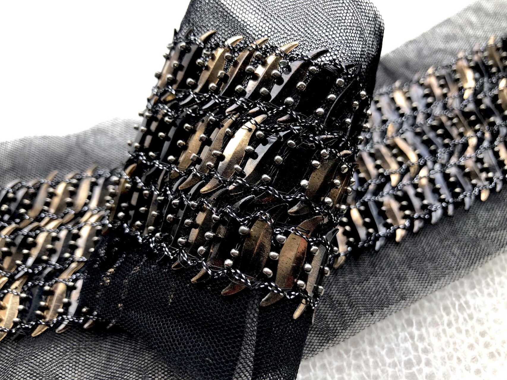 S-Shaped Sequin Trim with Beads - Triple Black and Antique Gold, image 4 of 4