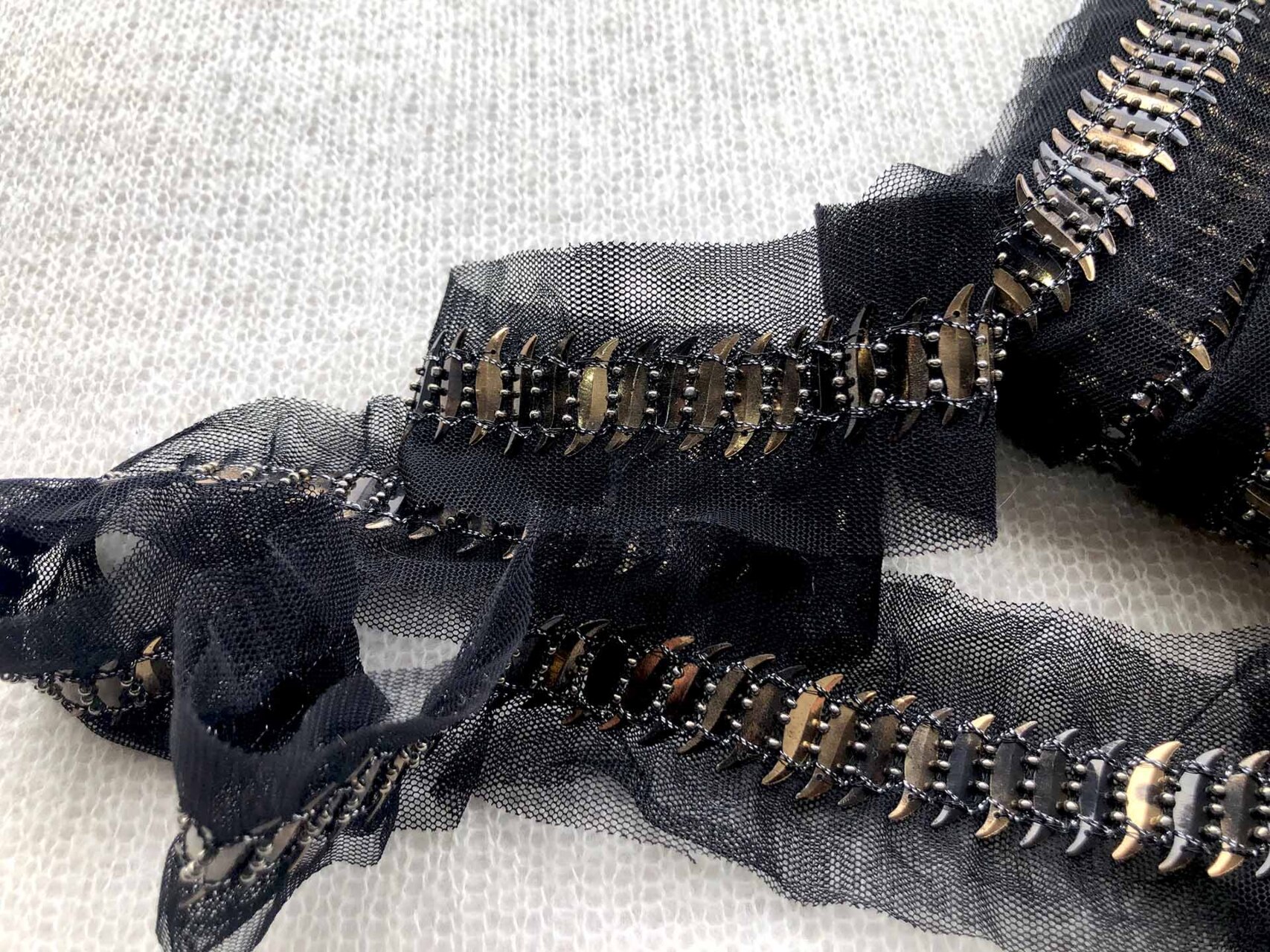 S-Shaped Sequin Trim with Beads - Single Black and Antique Gold, image 3 of 4