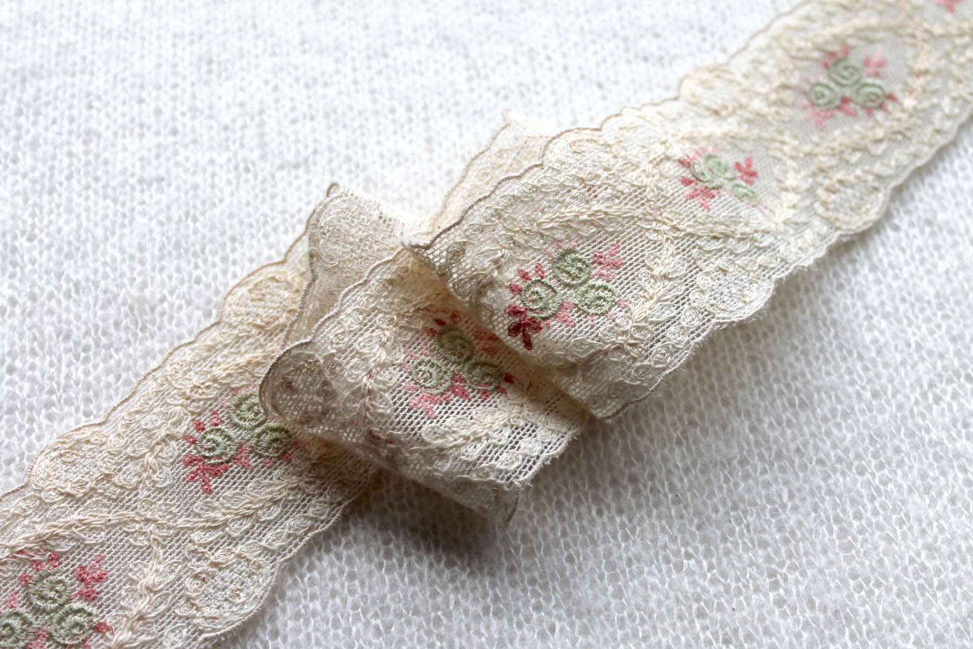 Cute Embroidered Cotton Tulle Trim - Cream, Pink and Green, image 2 of 5