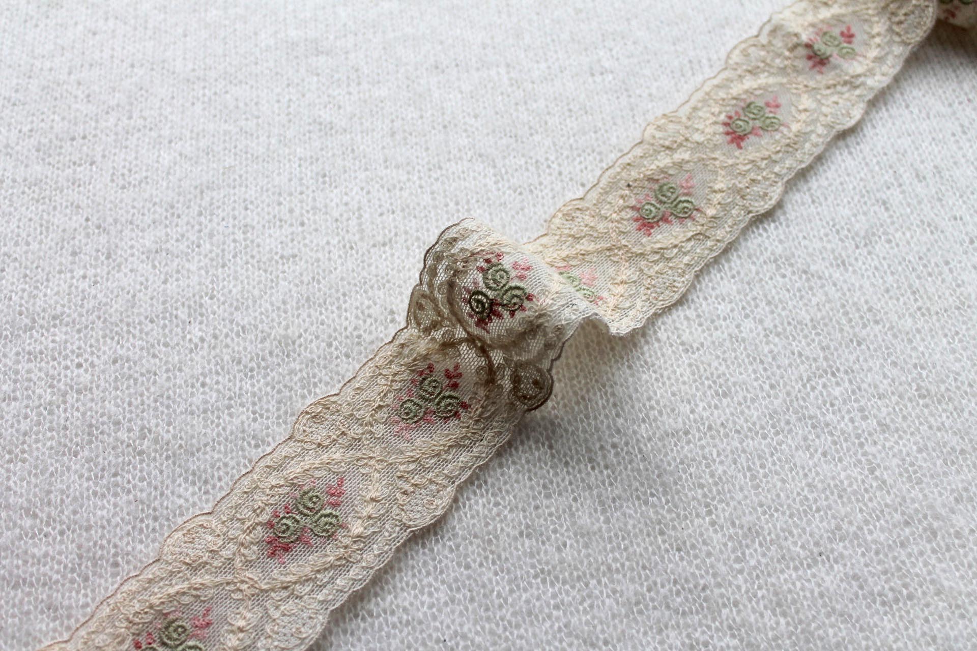 Cute Embroidered Cotton Tulle Trim - Cream, Pink and Green, image 3 of 5