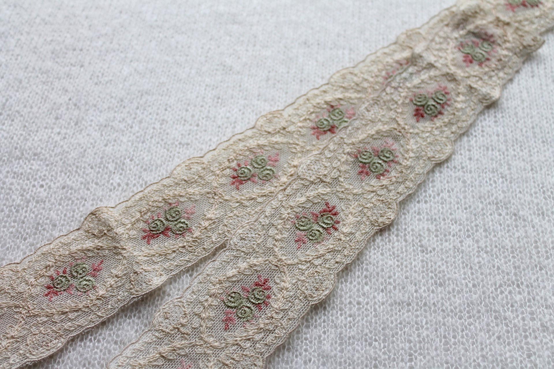 Cute Embroidered Cotton Tulle Trim - Cream, Pink and Green, image 4 of 5
