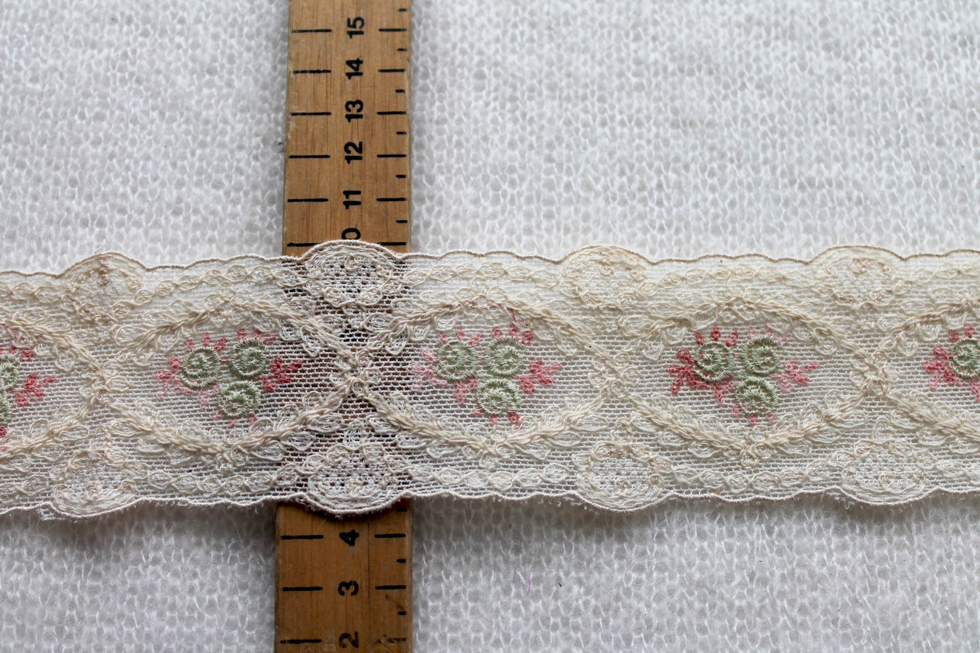 Cute Embroidered Cotton Tulle Trim - Cream, Pink and Green, image 5 of 5