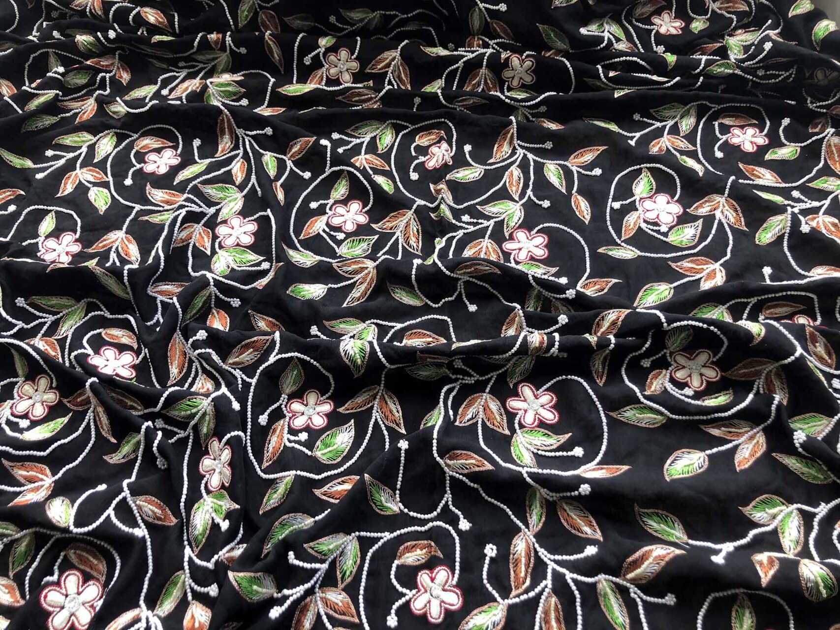 Black Chiffon with Leaf Embroidery and Pearl Beads fabric, image 2 of 6