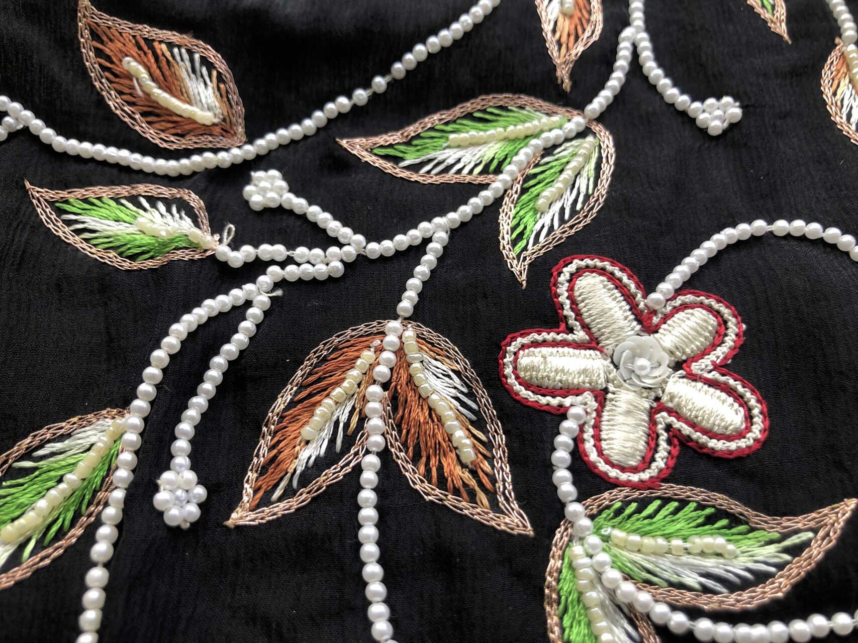 Black Chiffon with Leaf Embroidery and Pearl Beads fabric, image 3 of 6