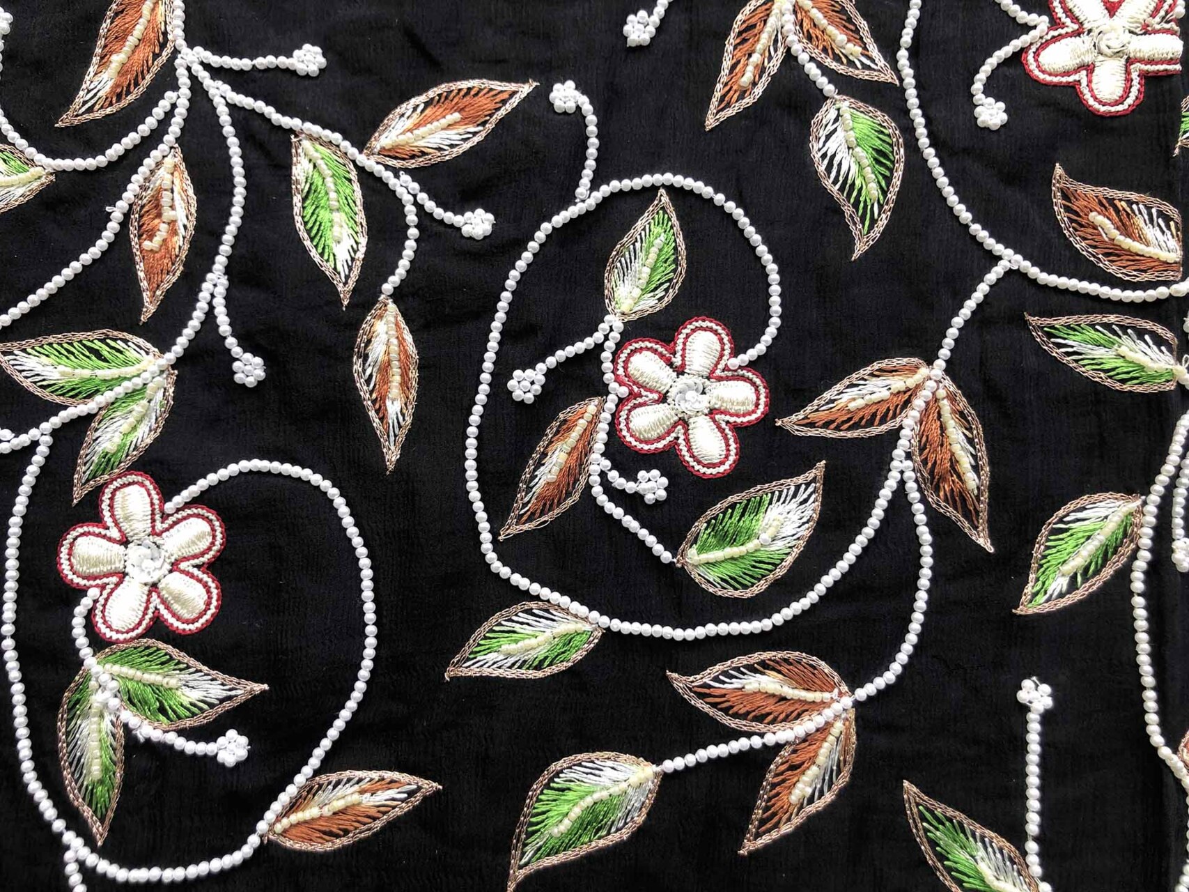 Black Chiffon with Leaf Embroidery and Pearl Beads fabric, image 4 of 6