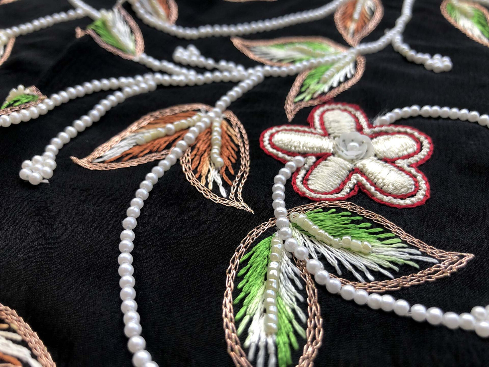 Black Chiffon with Leaf Embroidery and Pearl Beads fabric, image 6 of 6