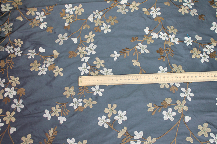 Floral Embroidered Silk Dupion - Charcoal fabric, image 3 of 8