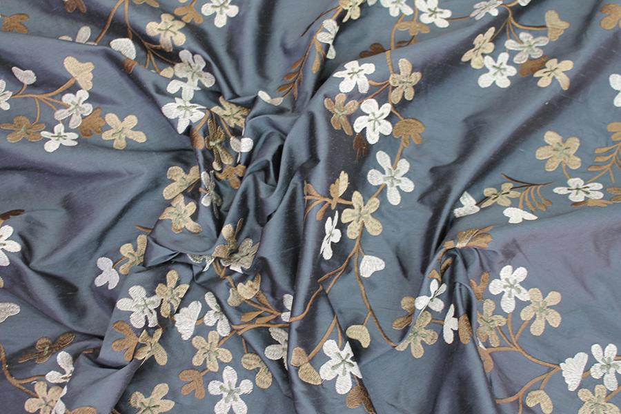 Floral Embroidered Silk Dupion - Charcoal fabric, image 6 of 8