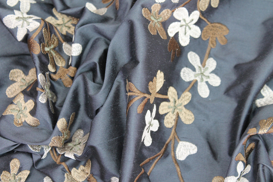 Floral Embroidered Silk Dupion - Charcoal fabric, image 7 of 8