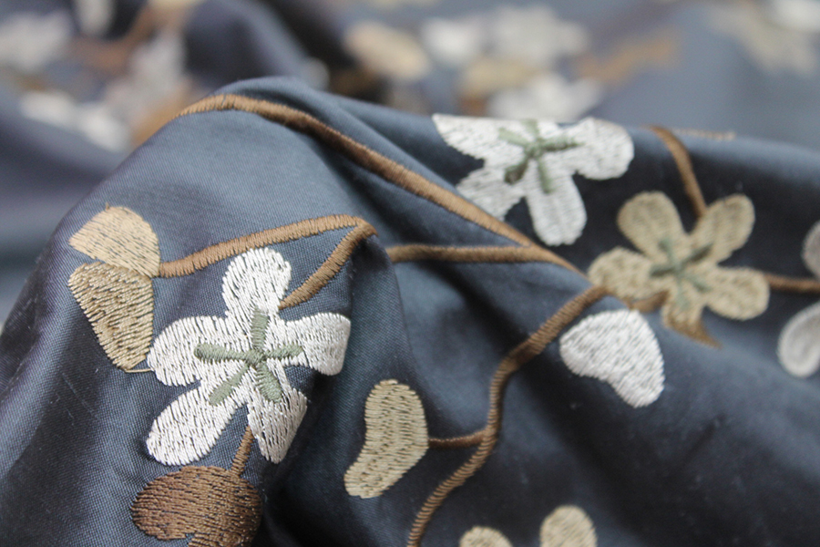 Floral Embroidered Silk Dupion - Charcoal fabric, image 5 of 8