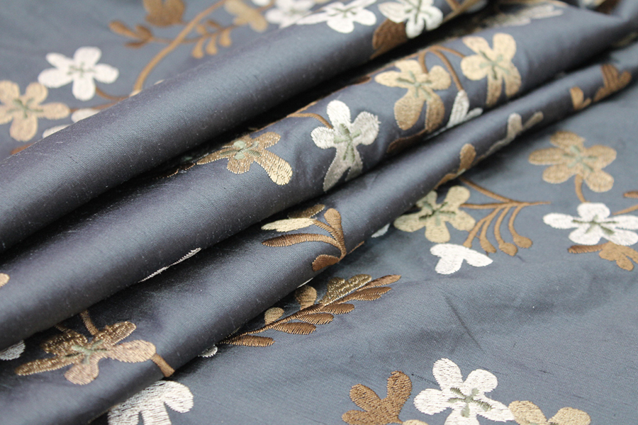 Floral Embroidered Silk Dupion - Charcoal fabric