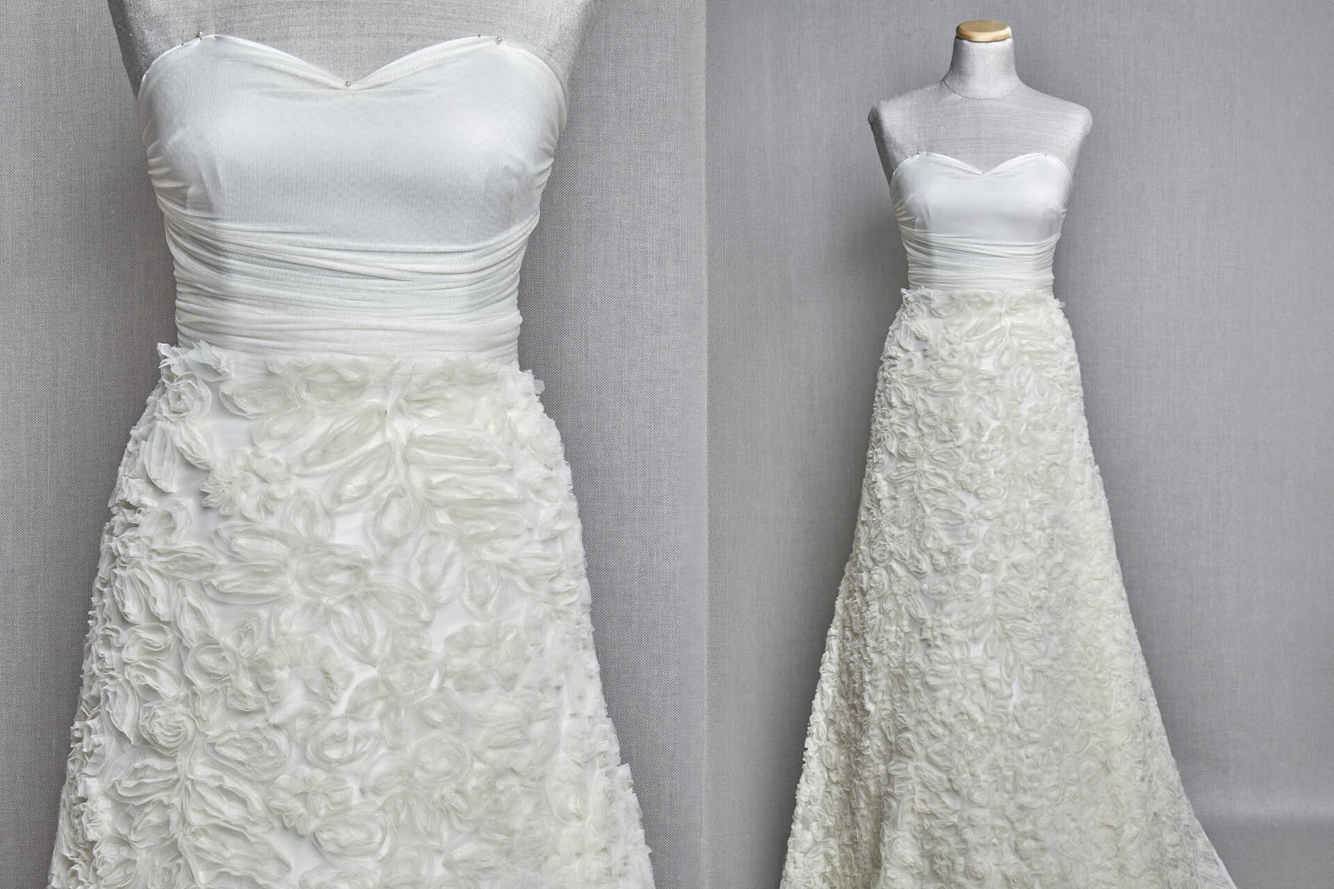 Ivory Tulle Applique Flowers draped around a mannequin