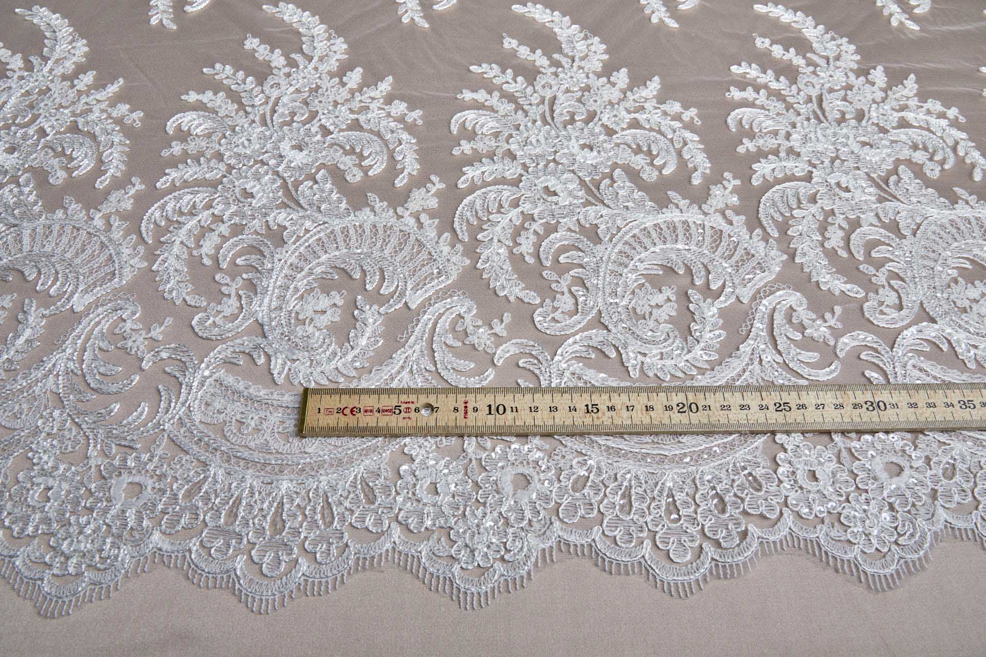 Corded Embroidered Tulle w/Sequins - Ivory - Double Scallop fabric, image 2 of 16