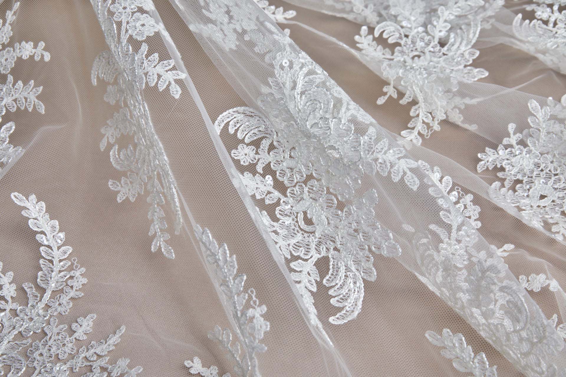 Corded Embroidered Tulle w/Sequins - Ivory - Double Scallop fabric, image 8 of 16