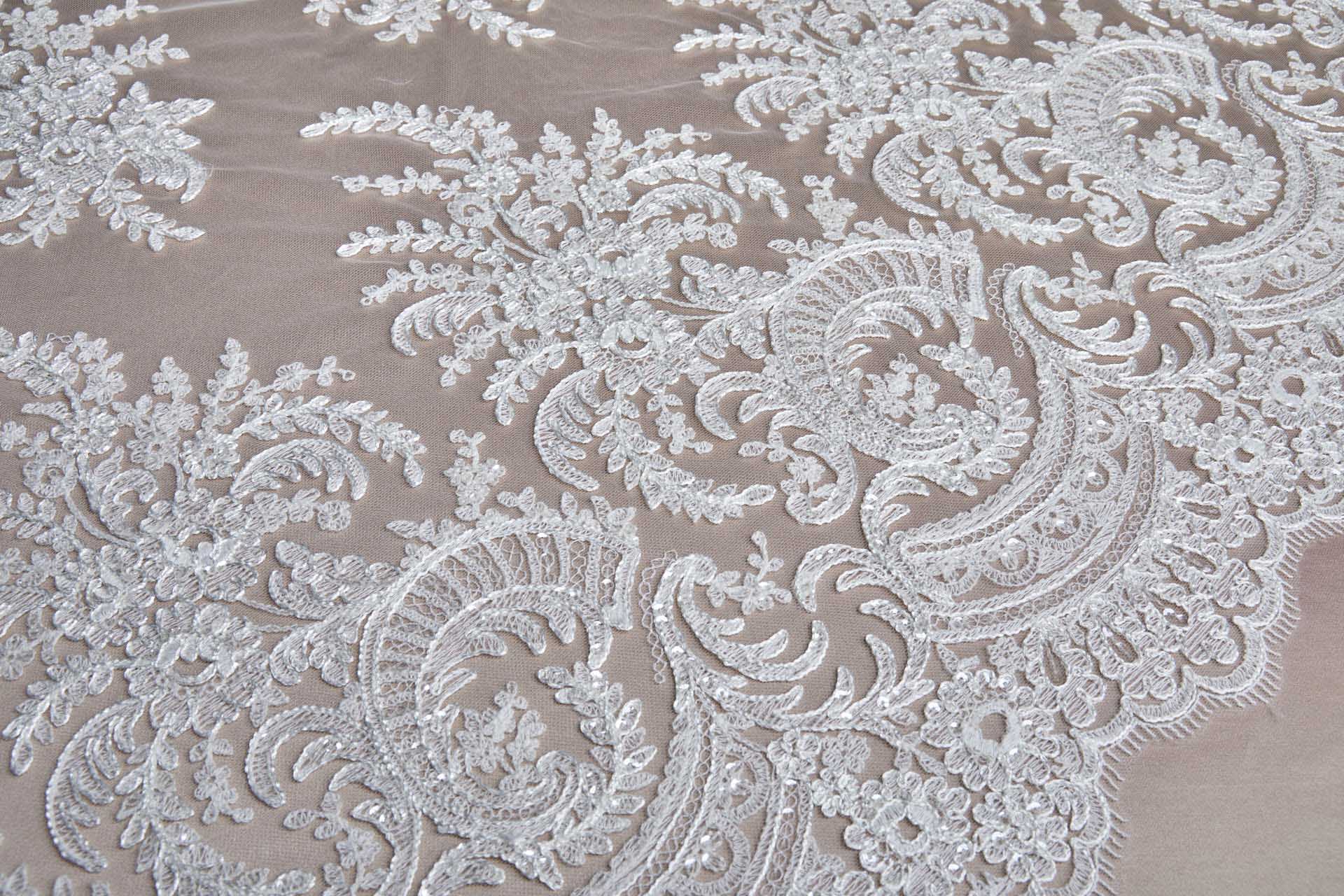 Corded Embroidered Tulle w/Sequins - Ivory - Double Scallop fabric, image 9 of 16