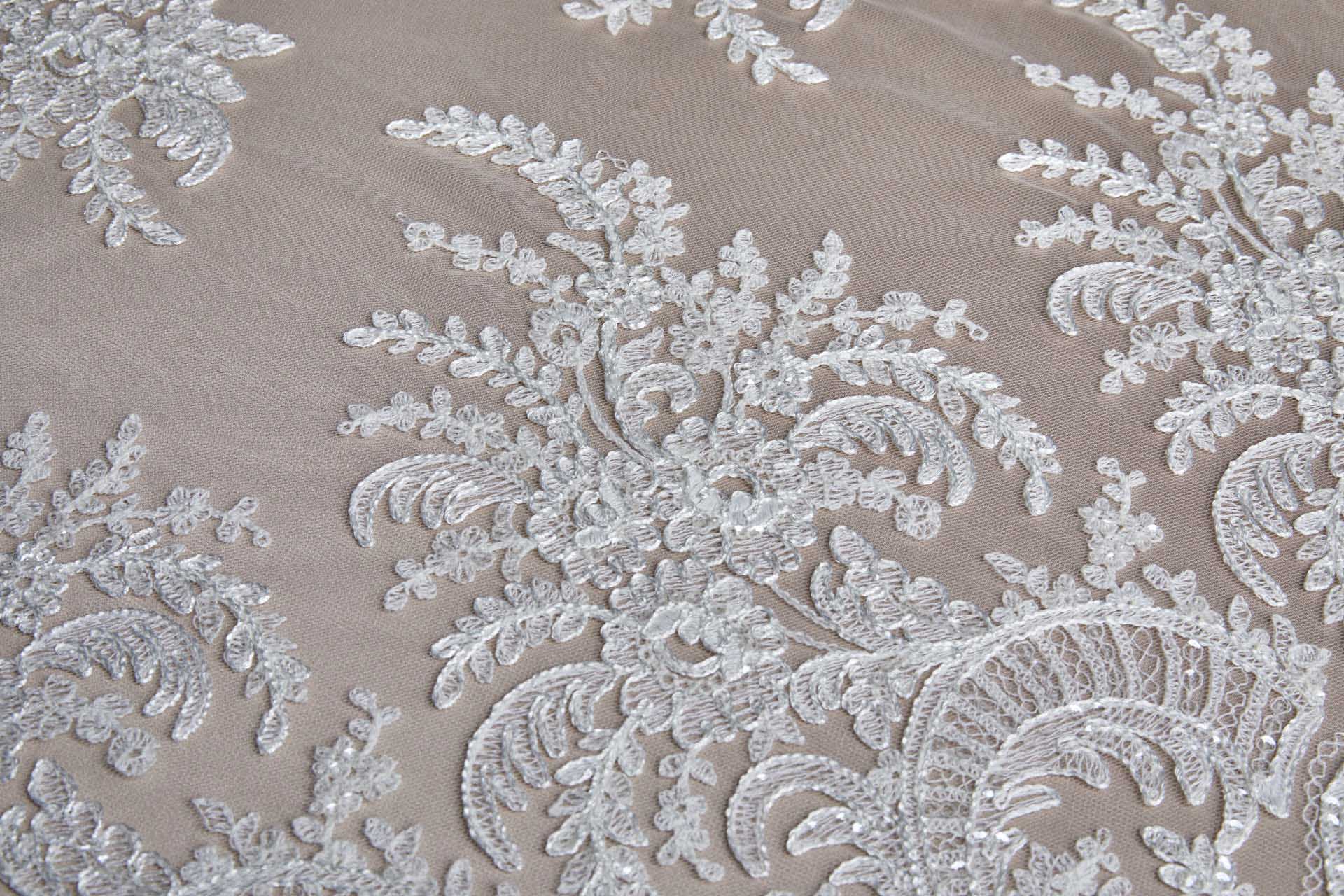 Corded Embroidered Tulle w/Sequins - Ivory - Double Scallop fabric, image 11 of 16