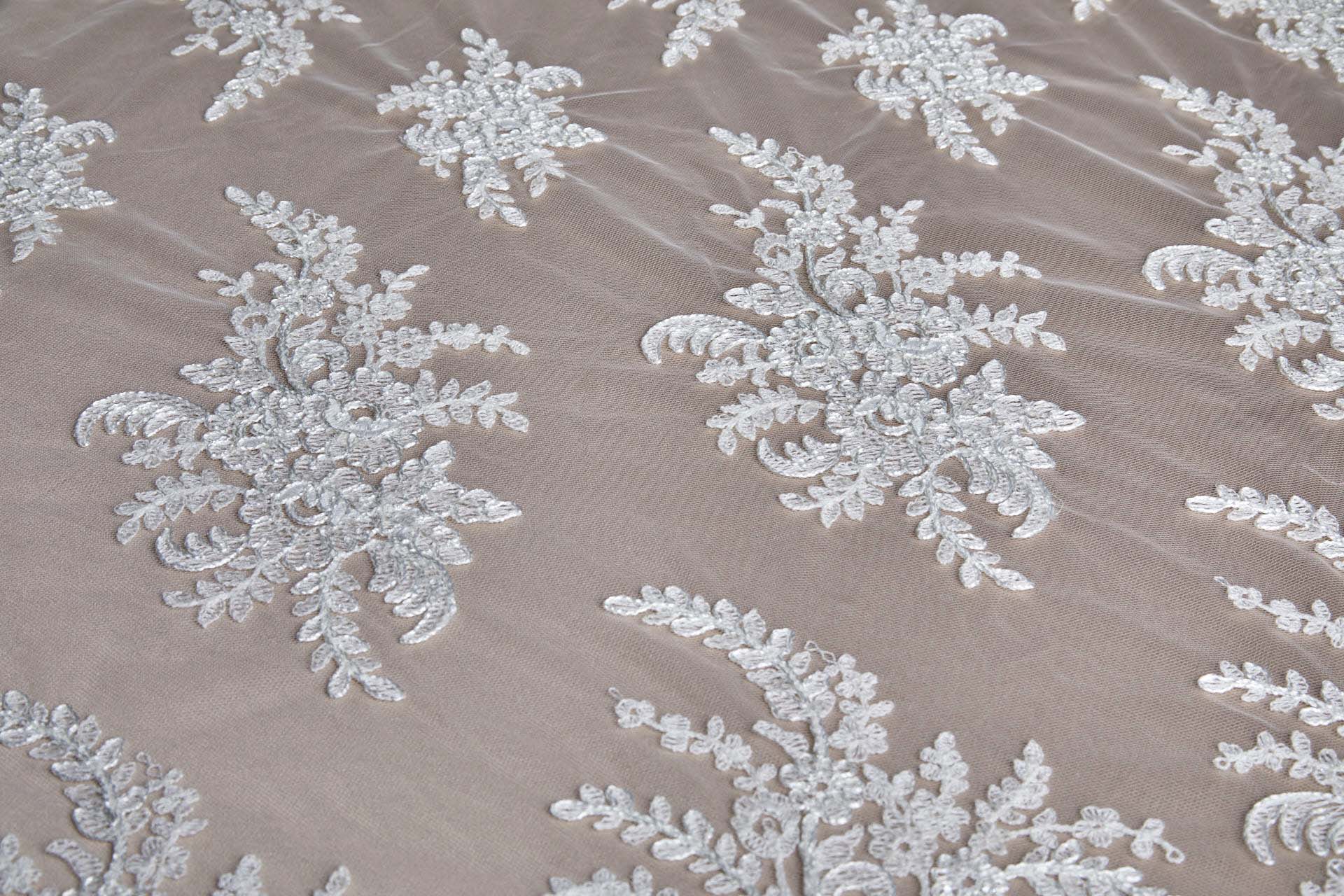 Corded Embroidered Tulle w/Sequins - Ivory - Double Scallop fabric, image 12 of 16