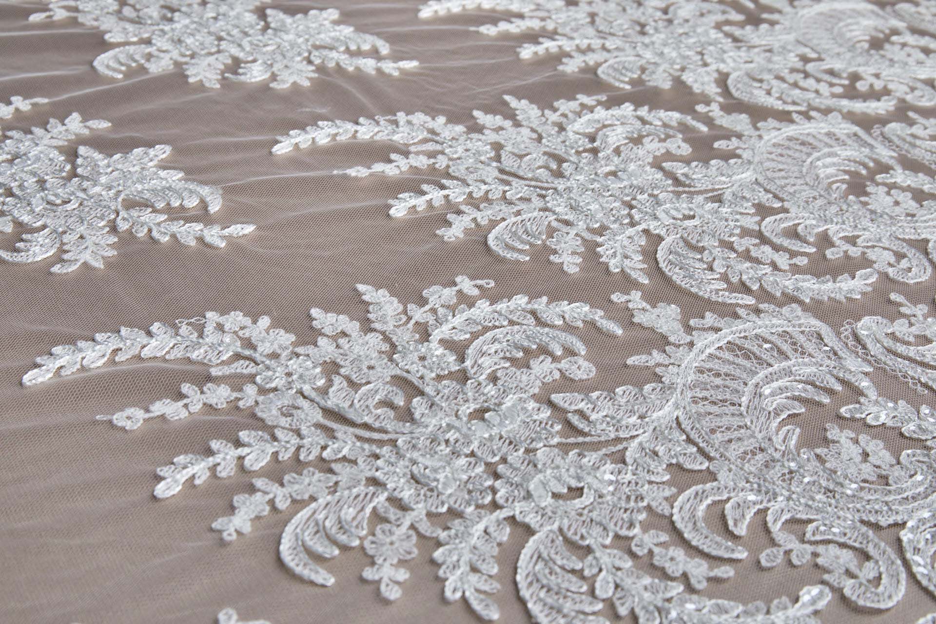 Corded Embroidered Tulle w/Sequins - Ivory - Double Scallop fabric, image 13 of 16