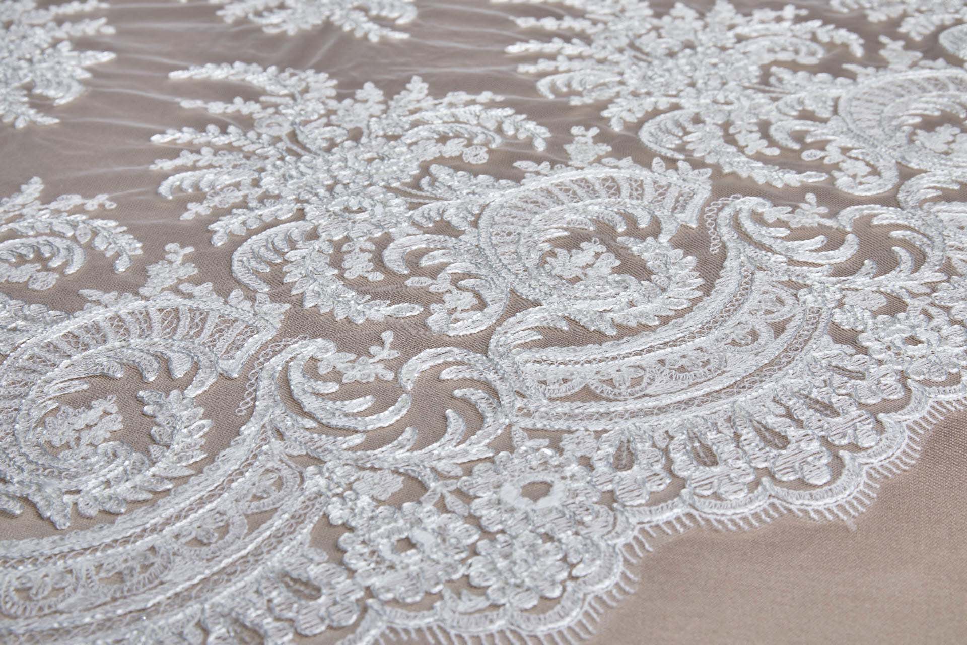 Corded Embroidered Tulle w/Sequins - Ivory - Double Scallop fabric, image 14 of 16