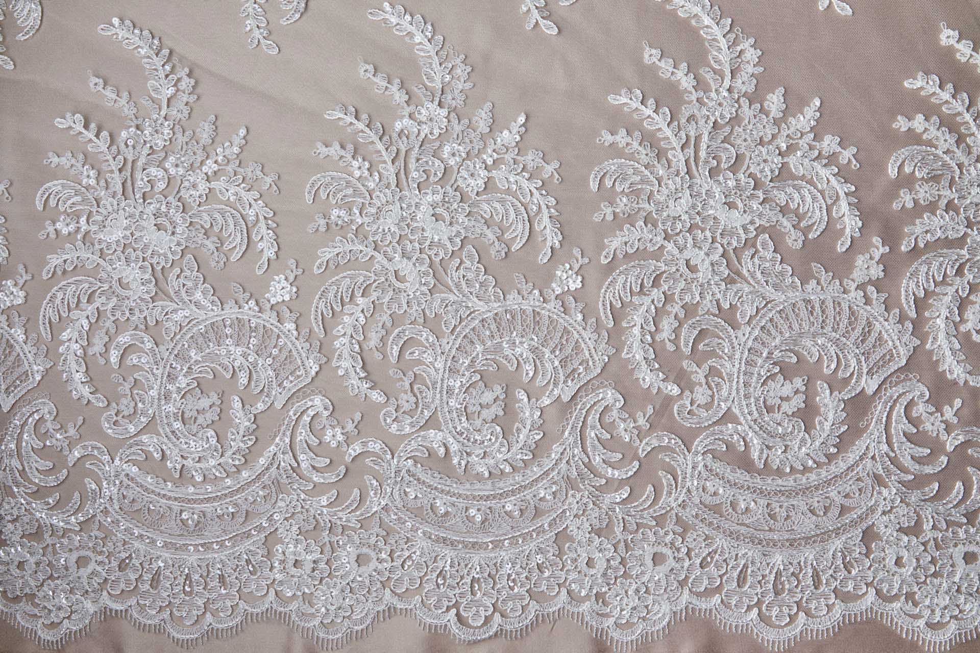 Corded Embroidered Tulle w/Sequins - Ivory - Double Scallop fabric, image 15 of 16