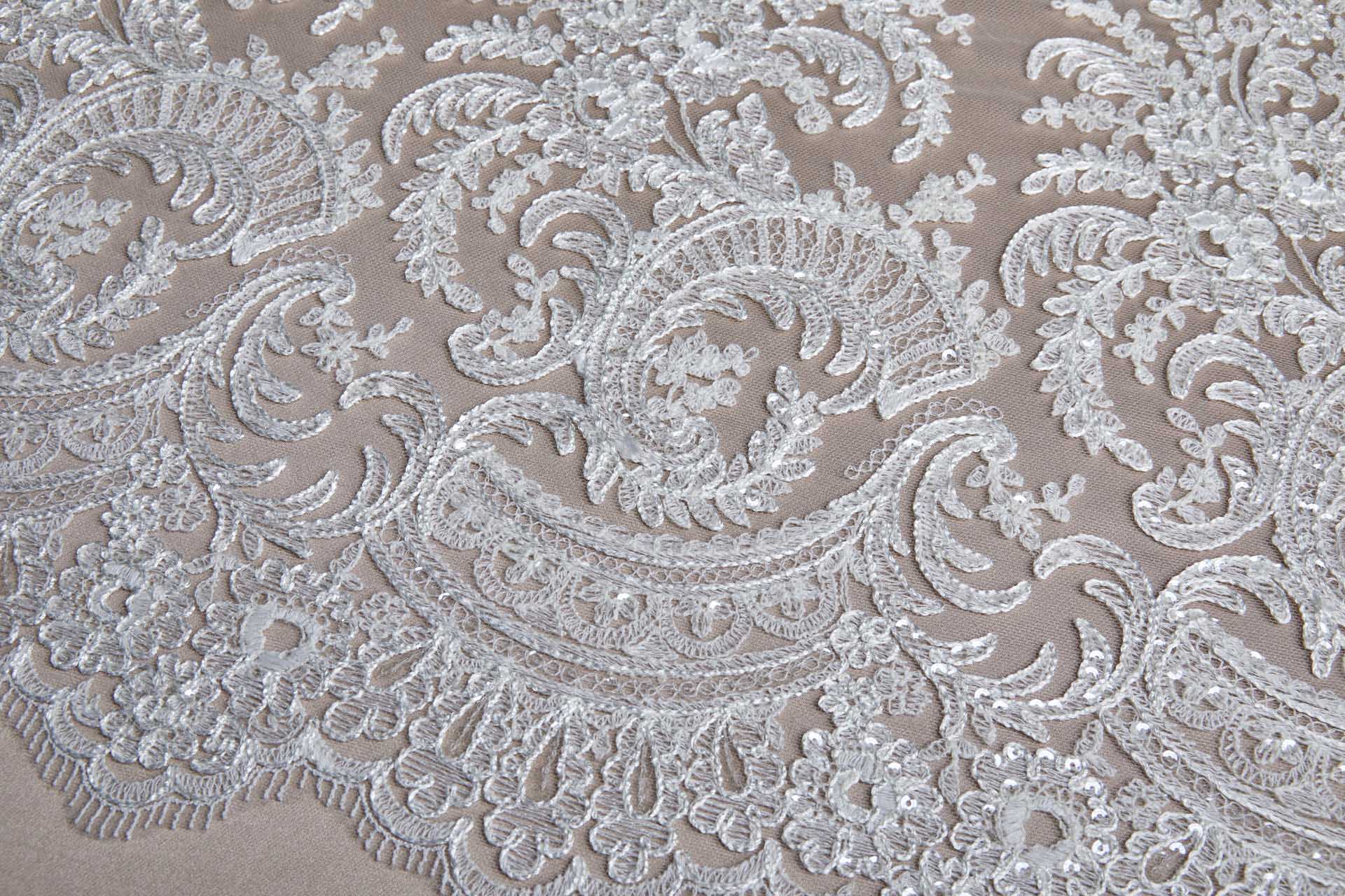 Corded Embroidered Tulle w/Sequins - Ivory - Double Scallop fabric, image 3 of 16